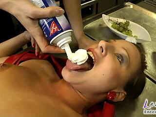 Latex slut gets stuffed hard in the kitchen as punishment.