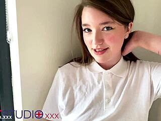 British teen with blue eyes and big natural tits sucks cock in polo shirt