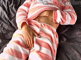 petite teen 18+ in pajamas teases her small tits while masturbating to a wet pussy orgasm