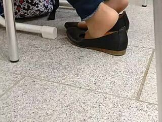 Tan nylons and flats with dipping fetish content