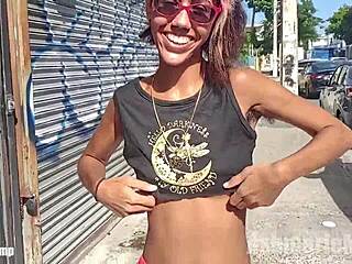 Latina beauty shows off her slim body and hairy private parts in public