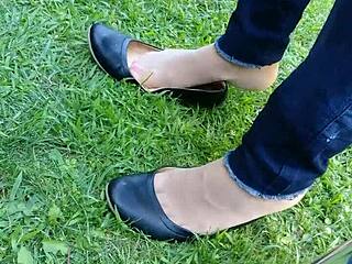 Tan nylons and flats with dipping fetish content