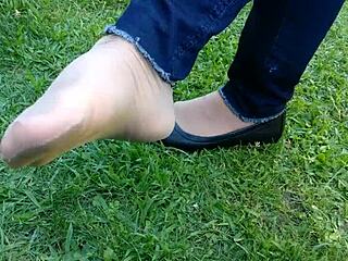 Tan nylons and flats with dipping fetish content