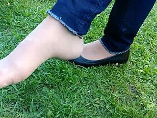 Tan nylons and flats with dipping fetish content