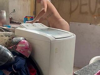 Neighbor: I'm Hiding While She Washes Clothes with Wet Pussy and Tits Out
