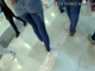 Public urination in shopping mall in tight jeans
