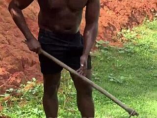 Horny boss catches construction worker masturbating and offers unprotected pussy to his big black cock outdoors