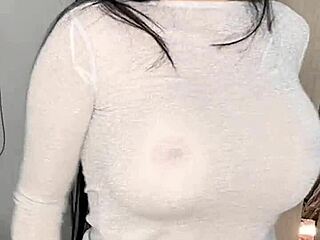 Colombian babe plays with her big tits and dildo