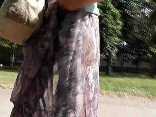 Hairy Mature in Transparent Dress Flashing Outdoors with Upskirt Views
