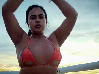 A married woman shows off her hot body on the rooftop pool