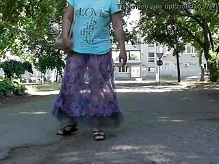 Hairy Mature in Transparent Dress Flashing Outdoors with Upskirt Views