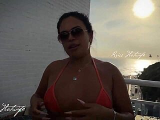 married whore shows off in rooftop pool, flashing big pussy and tan lines from pov