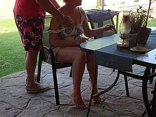 Stepmom and I share standing mutual masturbation outdoors.