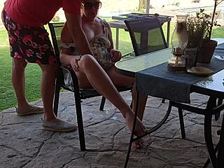 Stepmom and I share standing mutual masturbation outdoors.