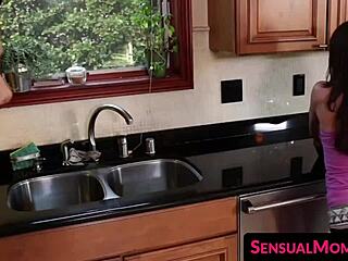 Teen 18+ scissoring with stepmom on dinner table