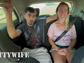 while husband drives, wife fucks another in car back seat