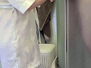 stepmom surprises son in bath, helping him jerk off with her big tits on display