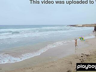 Skinny blondie Milf on beach, playful balloon game