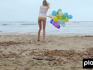 Skinny Italian Milf Undresses On Beach With Balloons
