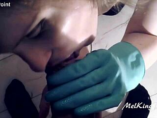 Blonde milf uses plastic gloves for blowjob