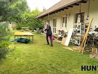 Hunt4k POV with a hot brunette: her family catches us in the act