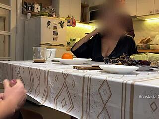 my husband jerks under table in front of step mom and me in kitchen