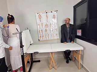 Bride in Uniform Undergoes Blindfolded Medical Massage. Doctor Performs Gynecological Exam.