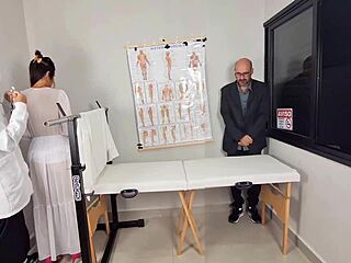 Bride in Uniform Undergoes Blindfolded Medical Massage. Doctor Performs Gynecological Exam.