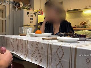 my husband jerks under table in front of step mom and me in kitchen