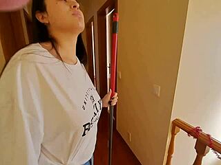 Latina maid with creamy pussy in jeans and flip flops is seduced with a massage