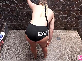 A cute submissive is being humiliated and fucked in the bathroom
