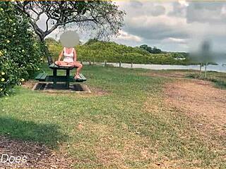 Wife swings in public with no panties, showing off big tits