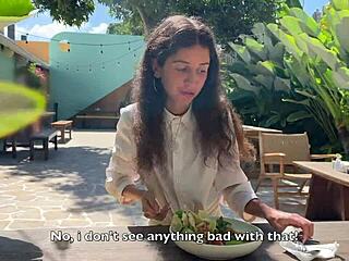 Nice woman gets cum on face in cafe