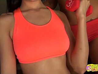 helping the brunette stretch makes the lez instructor scissor her hard