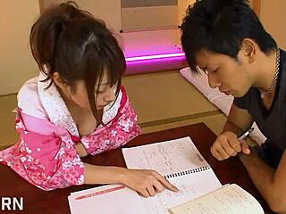 18 yo japanese teen with kimono rides cock, wet blowjobs and creampie