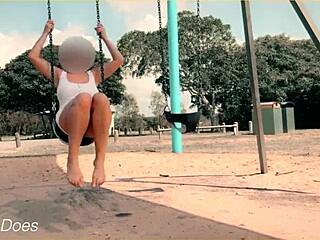 Wife swings in public with no panties, showing off big tits