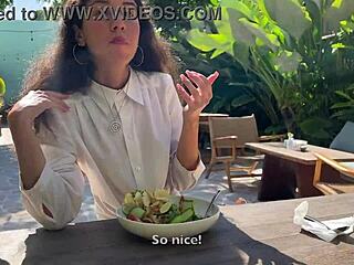 Nice woman gets cum on face in cafe