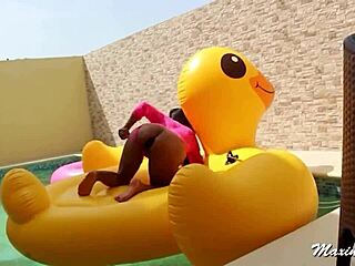 Maxine x with long hair and big tits masturbates poolside with bbc sex toy, getting wet