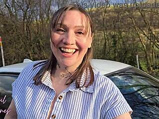 Hairy mature milf swallows cum in car