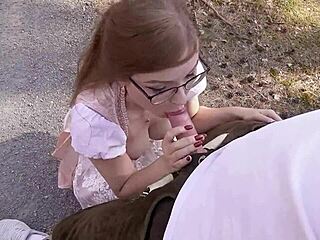 Bavarian nerd teen Emily with glasses gets fucked by stranger during car break