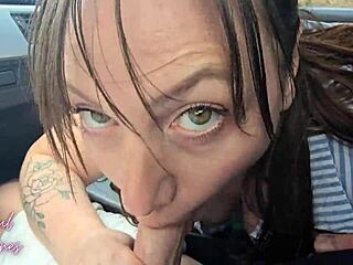 Hairy mature milf swallows cum in car