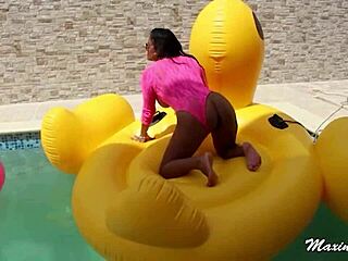 Maxine x with long hair and big tits masturbates poolside with bbc sex toy, getting wet