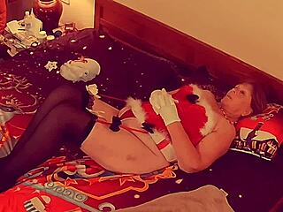 granny carmen claus enjoys double dildo play for christmas orgasm