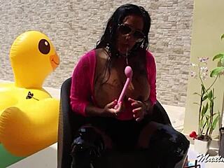 Maxine x with long hair and big tits masturbates poolside with bbc sex toy, getting wet