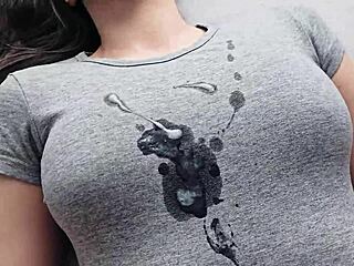 Girlfriend gets hot cumshot on her gray t-shirt.