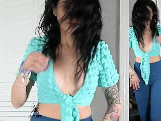 Jazmin is photographed in different pants and a tight-fitting shirt