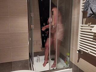 big breasted milf, shaving hairy pussy in shower?