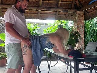 Creampie fucking my best friend's wife on the patio while he's at work