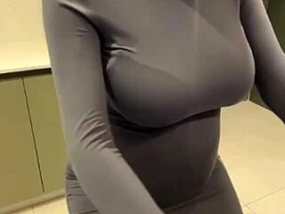 Stepmom with big milky tits jerks her stepson’s cock until he finishes on them