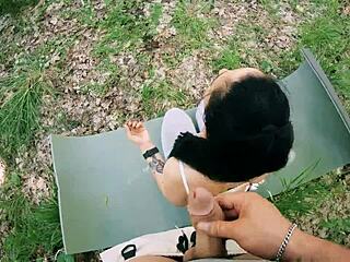 Pov jerking brunette ponytail in forest yoga, huge facial